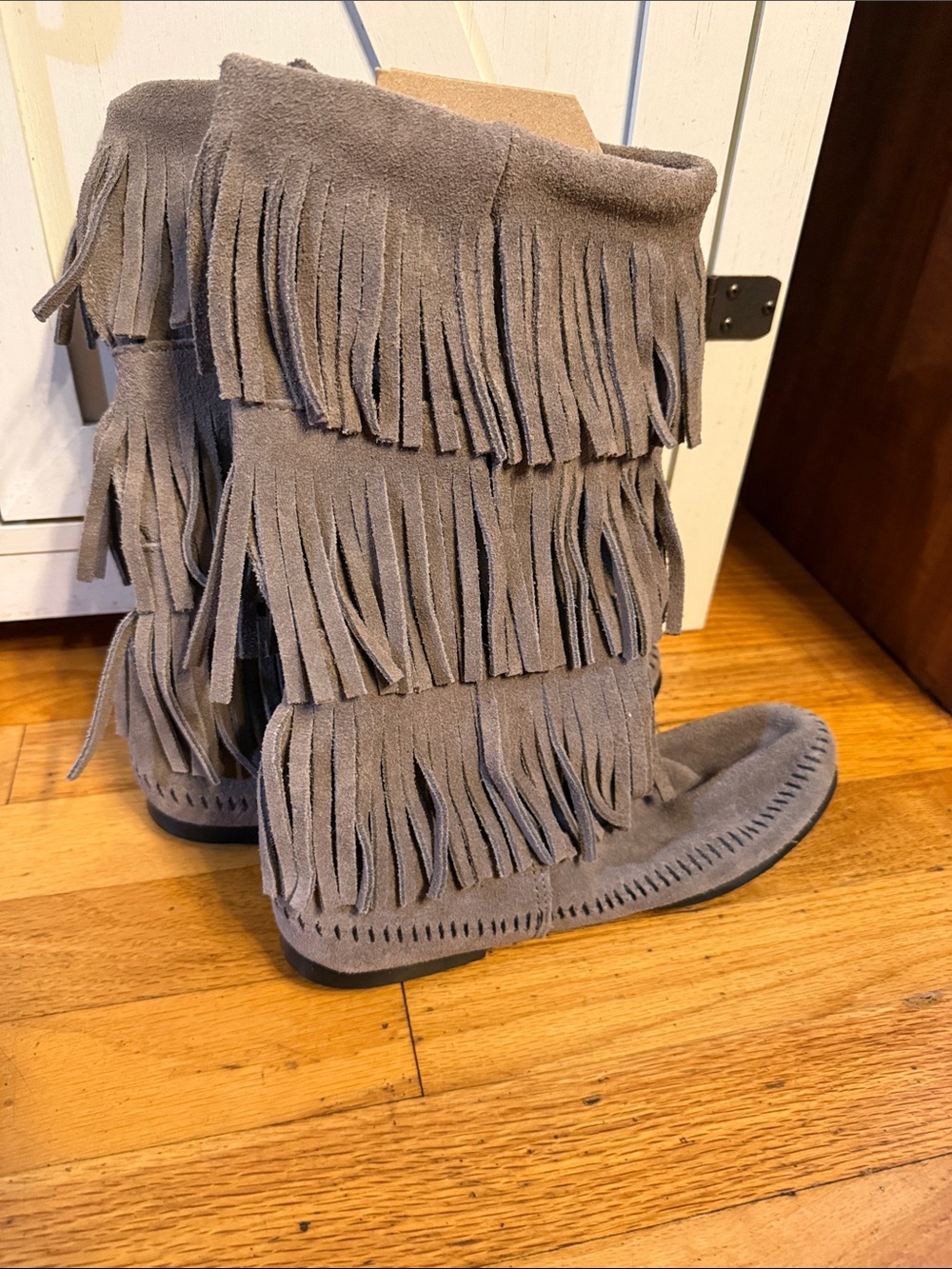 Minnetonka Gray Suede Triple Fringe Moccasin Boots